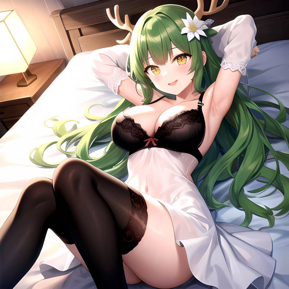 1girl Alternate Costume Antlers Armpits Arms Behind Head Bed Sheet Black Bra Black Thighhighs Bra Branch Breasts Ceres Fauna Cle, 2472435401 - AIHentai - #main