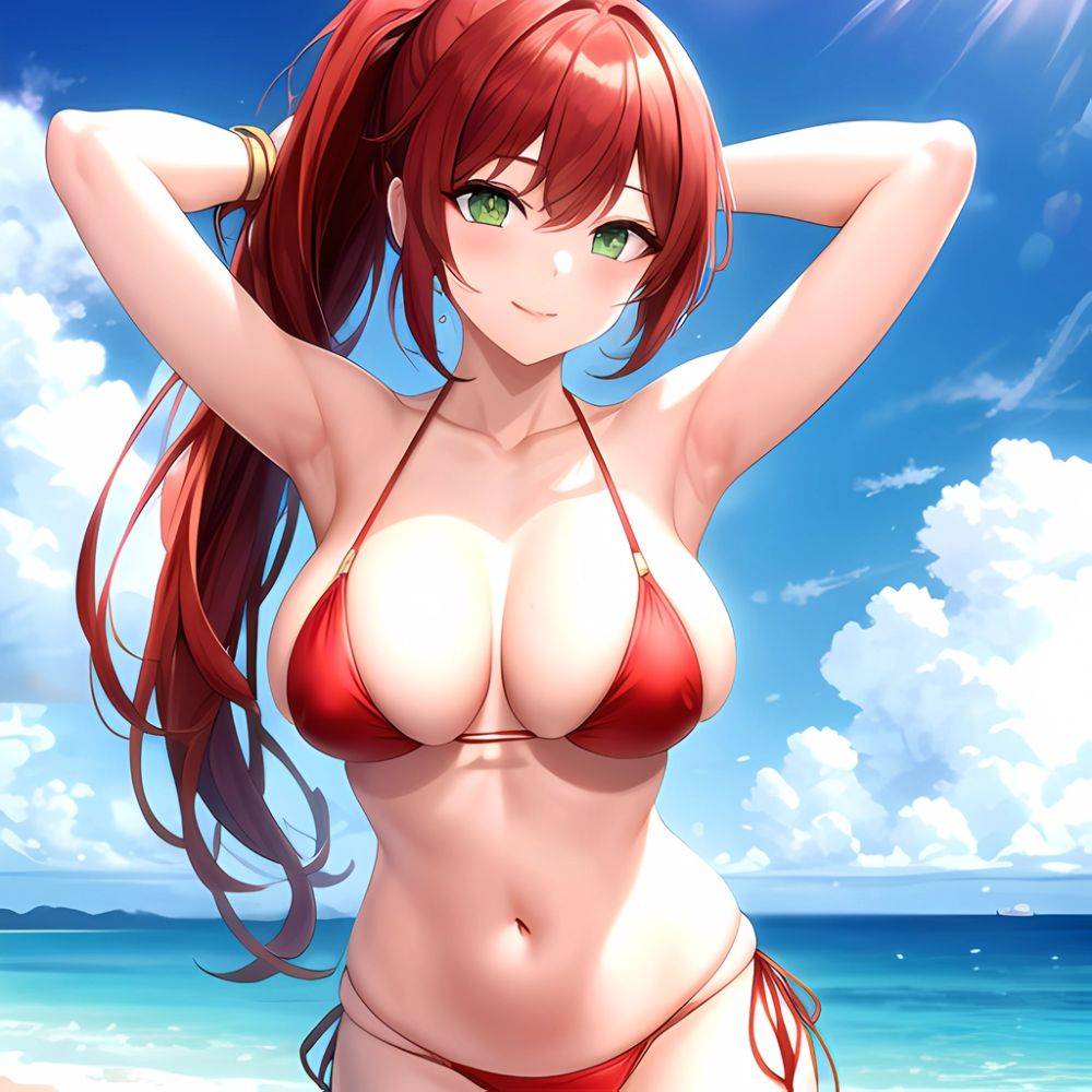 1girl Armpits Arms Behind Head Bikini Breasts Closed Mouth Collarbone Covered Nipples Day Green Eyes Highres Jung Freud Large Br, 2093518283 - AIHentai - #main