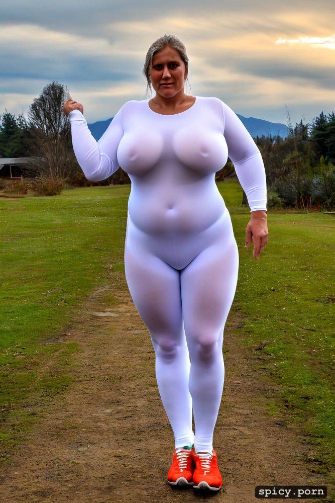 big bulge between legs, a standing obese 80 yo fat woman wearing white very transparent tight bodysuit with white legs - #main