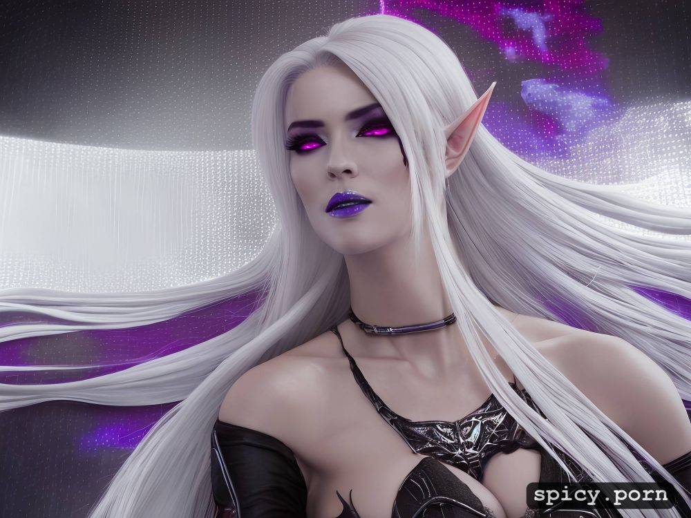 perfect slim albino female elf, long straight white hair, purple eyes - #main