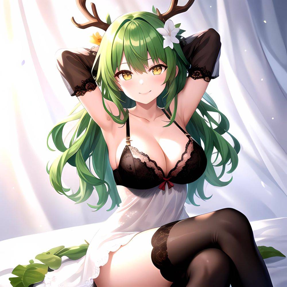 1girl Alternate Costume Antlers Armpits Arms Behind Head Bed Sheet Black Bra Black Thighhighs Bra Branch Breasts Ceres Fauna Cle, 1523775990 - AIHentai - #main