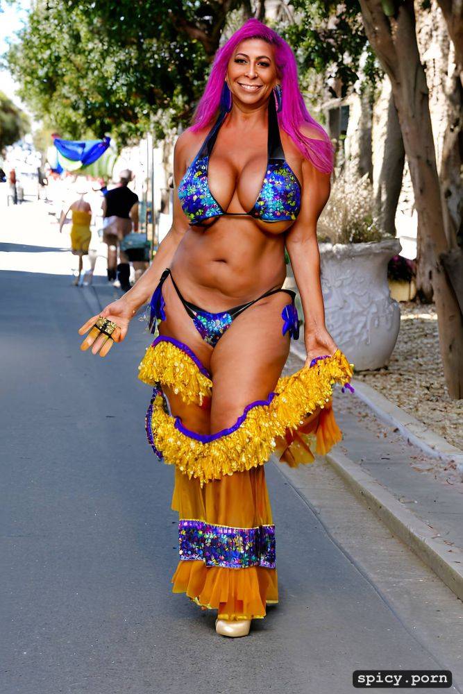 color portrait, huge natural boobs, 57 yo beautiful performing mardi gras street dancer - #main
