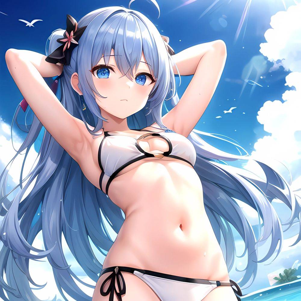 1girl Absurdres Arms Behind Head Bikini Blue Eyes Blue Hair Breasts Closed Mouth Hair Between Eyes Highres Hololive Hoshimachi S, 4181387395 - AIHentai - #main