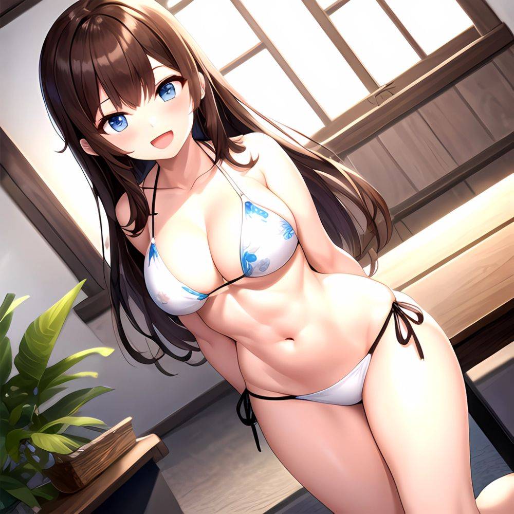 1girl D Abs Alternate Costume Arms Behind Back Asymmetrical Hair Bikini Blue Eyes Blush Breasts Brown Hair Cleavage Collarbone F, 502970639 - AIHentai - #main