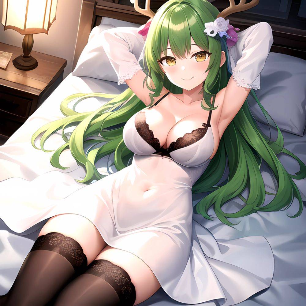 1girl Alternate Costume Antlers Armpits Arms Behind Head Bed Sheet Black Bra Black Thighhighs Bra Branch Breasts Ceres Fauna Cle, 1864449529 - AIHentai - #main