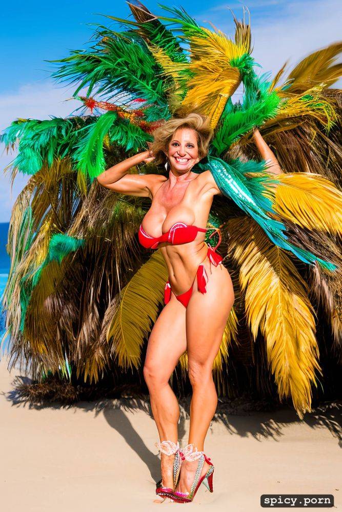 color portrait, long hair, 62 yo beautiful performing white rio carnival dancer at copacabana beach - #main