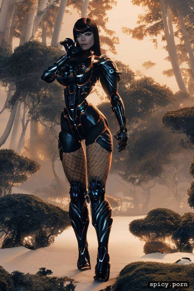 perfect tits, black, dark, art nouveaux figure, in forest in a space station - #main