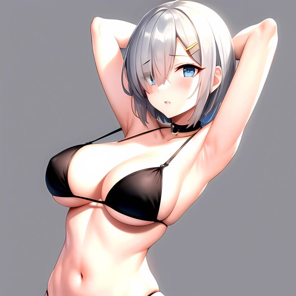 1girl Absurdres Armpits Arms Behind Head Bikini Black Bikini Black Choker Blue Eyes Blush Breasts Choker Cleavage Commentary Req, 1863399381 - AIHentai - #main