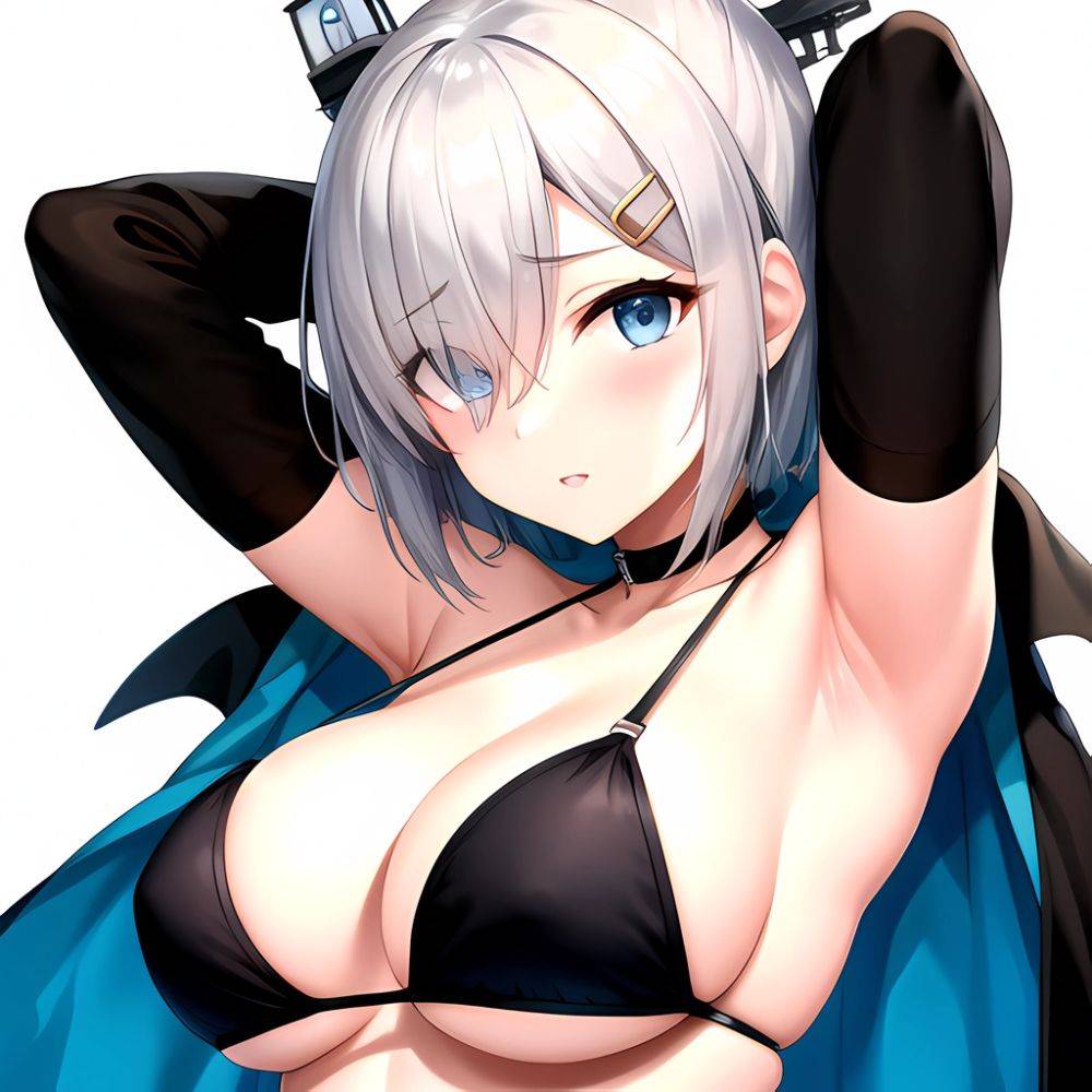 1girl Absurdres Armpits Arms Behind Head Bikini Black Bikini Black Choker Blue Eyes Blush Breasts Choker Cleavage Commentary Req, 868050239 - AIHentai - #main