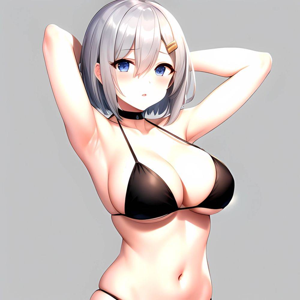 1girl Absurdres Armpits Arms Behind Head Bikini Black Bikini Black Choker Blue Eyes Blush Breasts Choker Cleavage Commentary Req, 1726150953 - AIHentai - #main