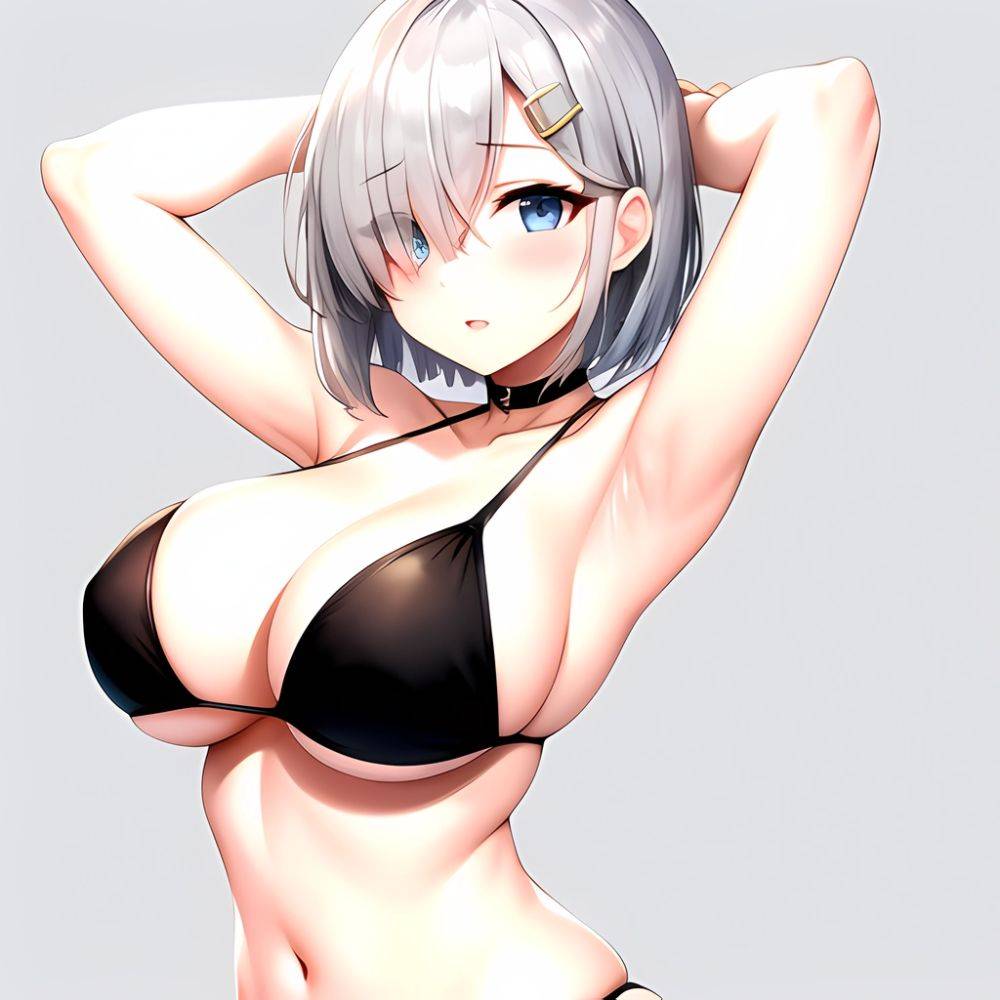 1girl Absurdres Armpits Arms Behind Head Bikini Black Bikini Black Choker Blue Eyes Blush Breasts Choker Cleavage Commentary Req, 627646299 - AIHentai - #main