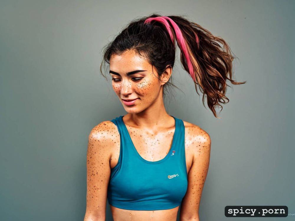 upper body of a dirty armpits super skinny sweaty 18 years old sweat dripping brunette tenniswoman with freckles in a blue and pink damped tank top - #main