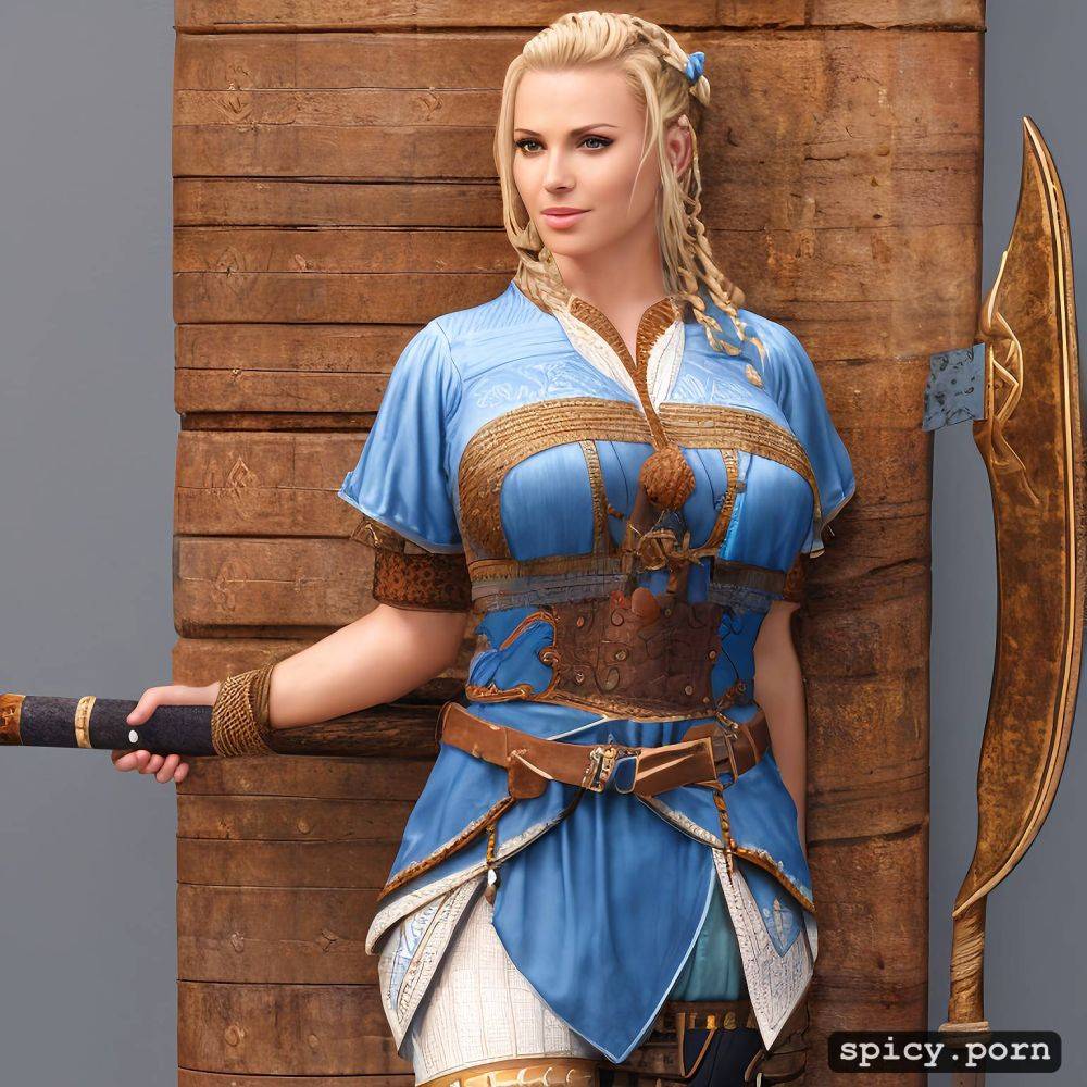 a blonde viking mule with big breasts and braided hair sitting in front of a hut with a sensual light blue outfit on her left side leaning against the wall a war ax and on her right side leaning against the wall a shield and sword - #main