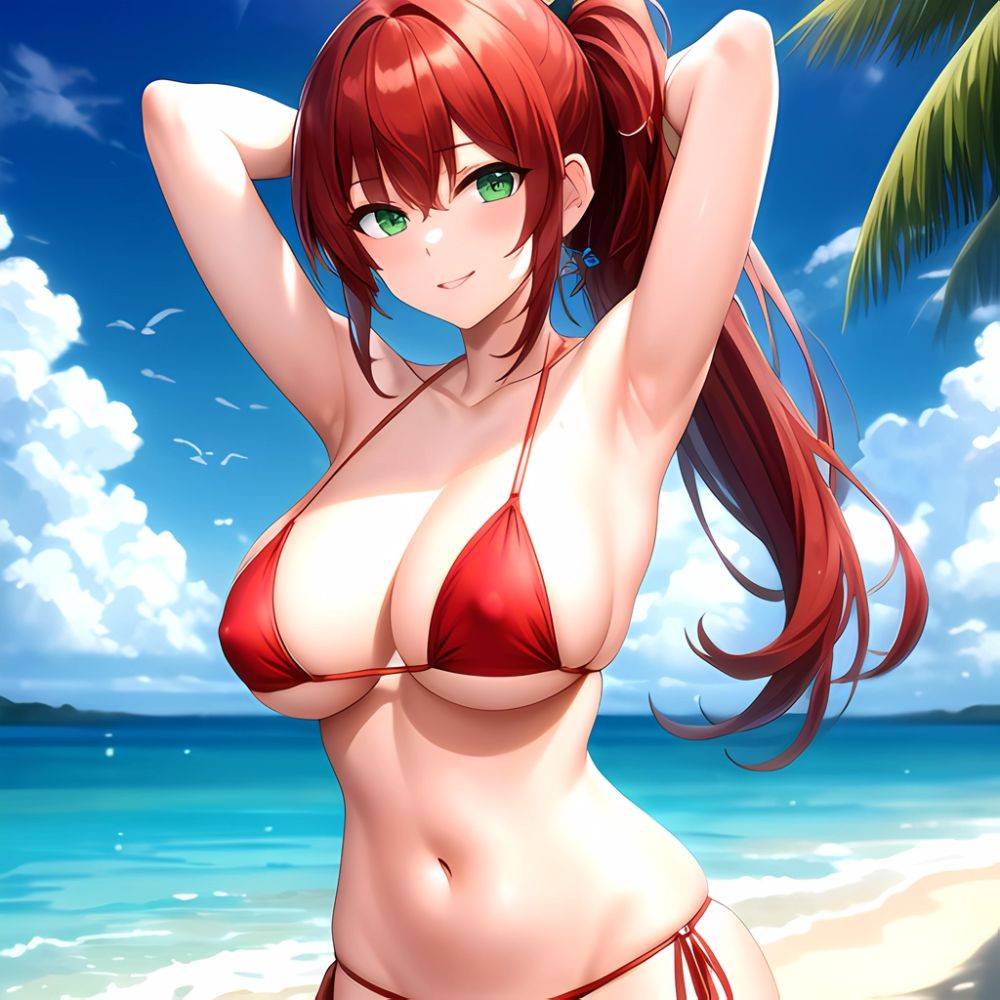 1girl Armpits Arms Behind Head Bikini Breasts Closed Mouth Collarbone Covered Nipples Day Green Eyes Highres Jung Freud Large Br, 940181566 - AIHentai - #main