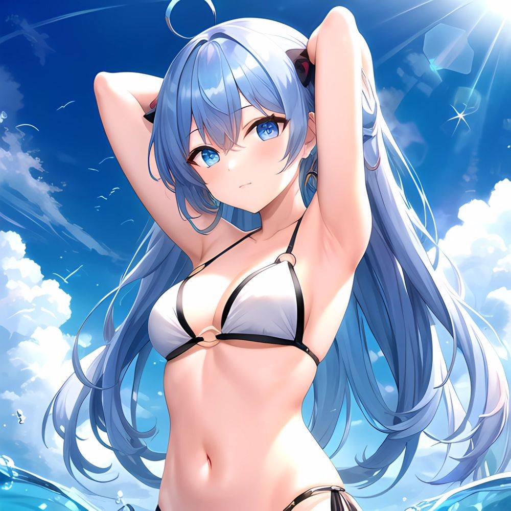 1girl Absurdres Arms Behind Head Bikini Blue Eyes Blue Hair Breasts Closed Mouth Hair Between Eyes Highres Hololive Hoshimachi S, 3300722166 - AIHentai - #main