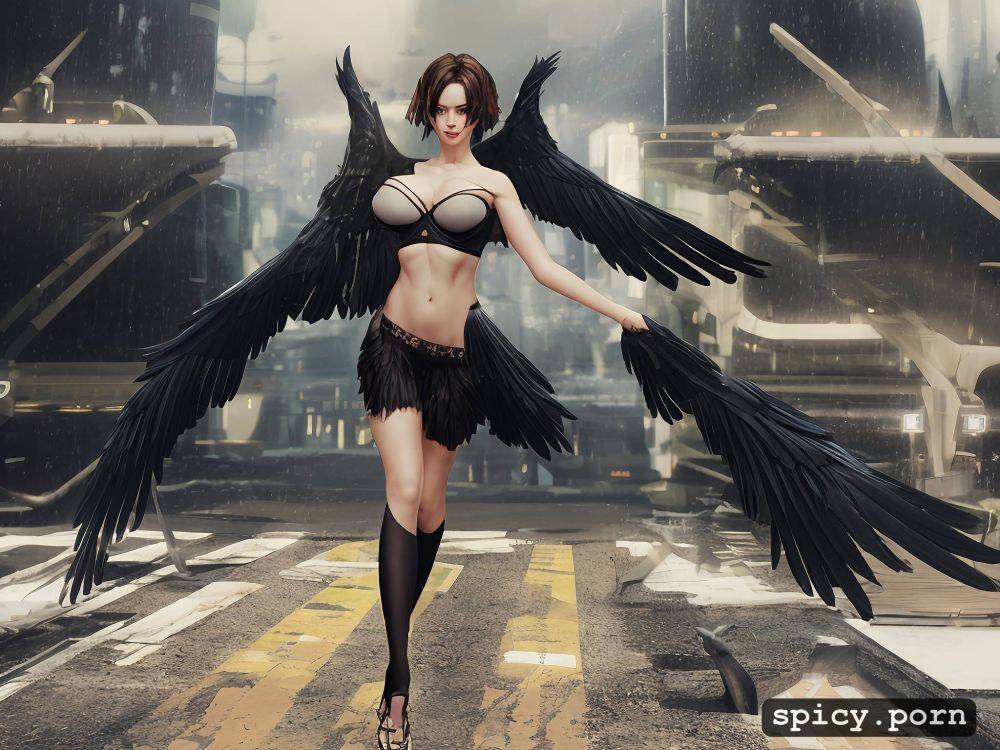 20 yo, green miniskirt, big boobs, black feathered wings, perfect athletic female fallen angel - #main