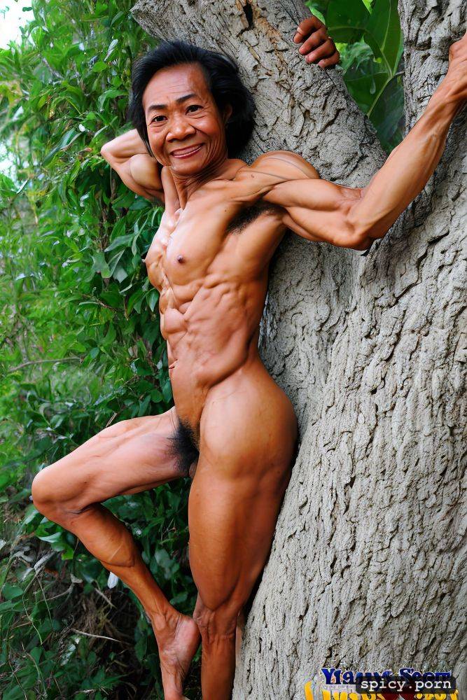 short hair, no missing limps, face, thai granny, outdoor, muscular arms - #main