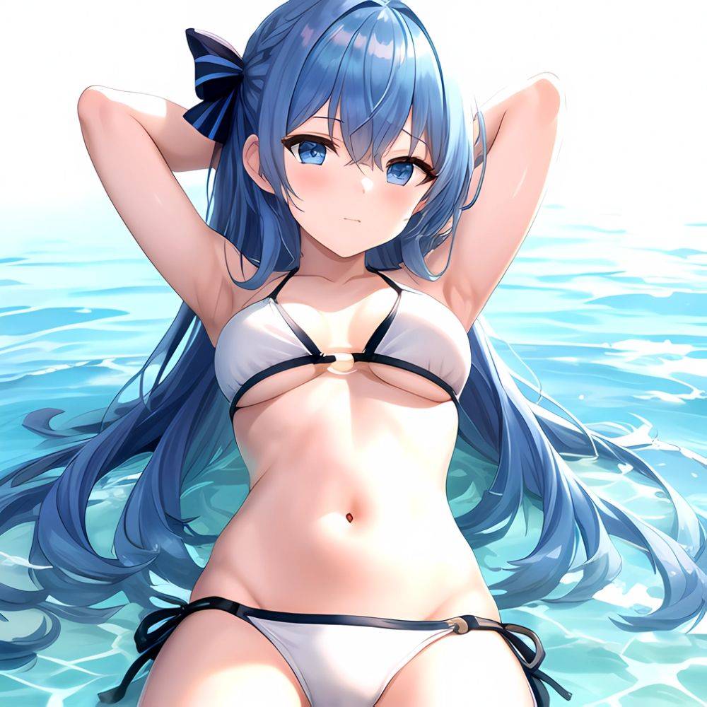 1girl Absurdres Arms Behind Head Bikini Blue Eyes Blue Hair Breasts Closed Mouth Hair Between Eyes Highres Hololive Hoshimachi S, 2626220280 - AIHentai - #main