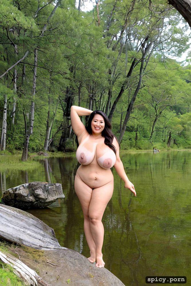43 yo, standing at a mountain lake beach, thick, anatomically correct - #main