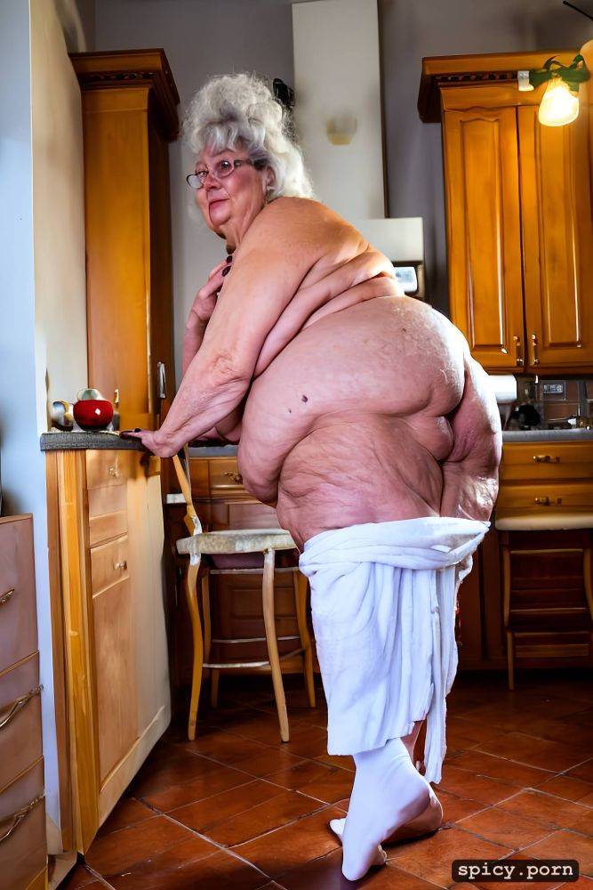 80 year old italian granny, loose skin, nude, standing in kitchen - #main