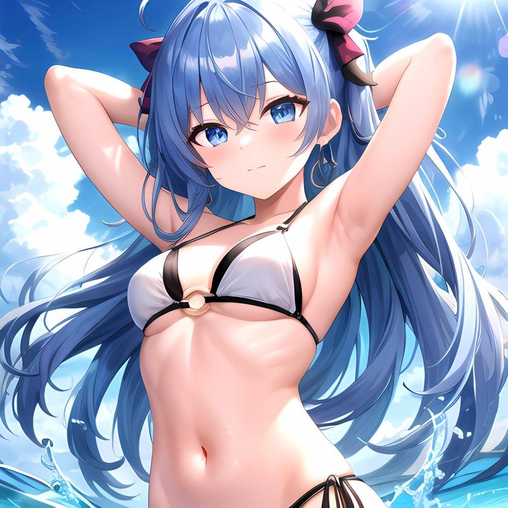1girl Absurdres Arms Behind Head Bikini Blue Eyes Blue Hair Breasts Closed Mouth Hair Between Eyes Highres Hololive Hoshimachi S, 739138977 - AIHentai - #main