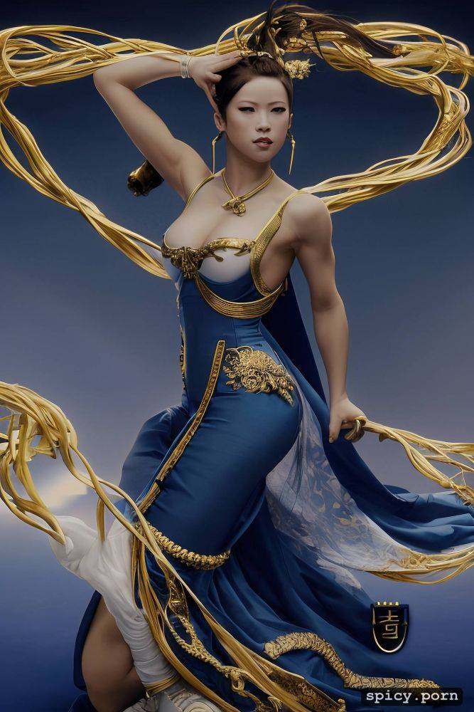 small tits with big hips, long dark blue dress, shaolin kung fu - #main