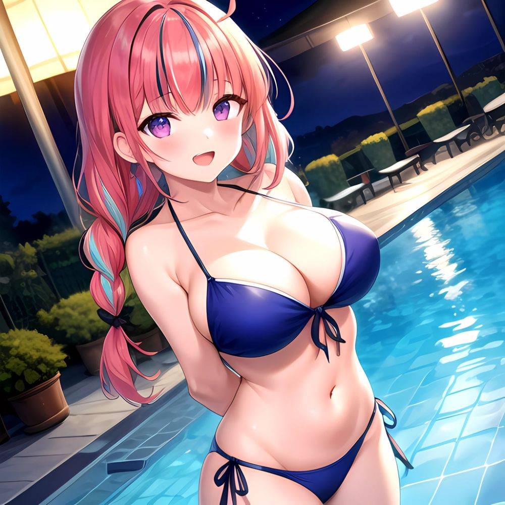 1girl Ahoge Bare Shoulders Bikini Blue Bikini Blue Hair Blush Braid Breasts Cleavage Colored Inner Hair Front Tie Bikini Top, 285028709 - AIHentai - #main