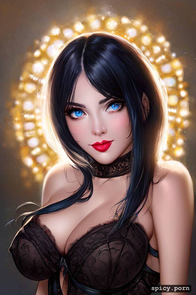 black hair, pretty eyelashes, blue eyes, dark nipples, big eyes - #main