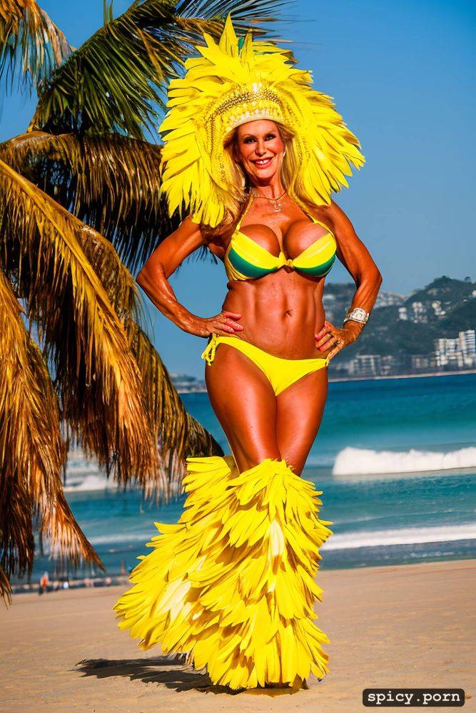 color portrait, long hair, 67 yo beautiful performing white rio carnival dancer at copacabana beach - #main