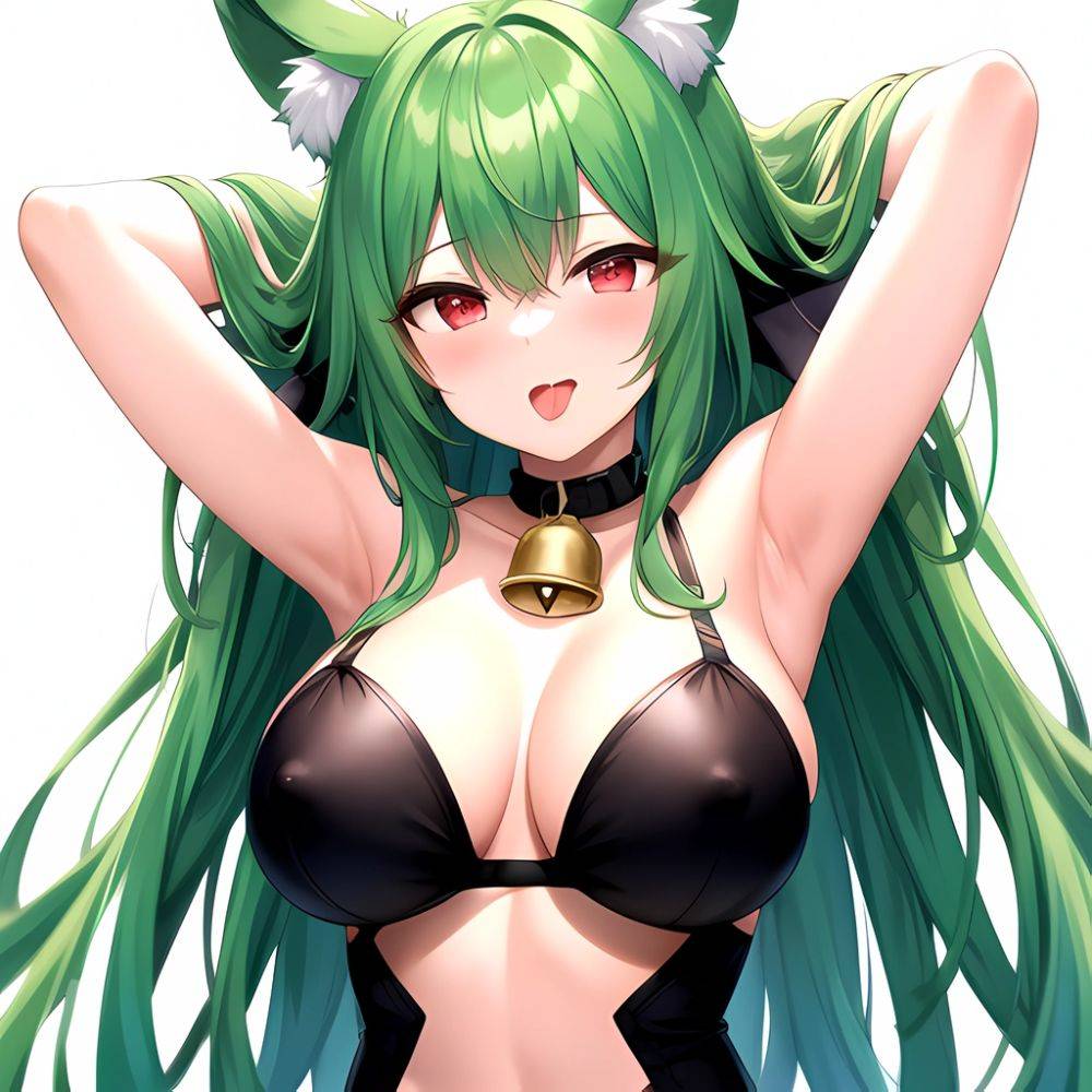 1girl Animal Ear Fluff Animal Ears Armpits Arms Behind Head Banshee Last Origin Bell Blush Breasts Chamame Green Hair Highres, 818843844 - AIHentai - #main