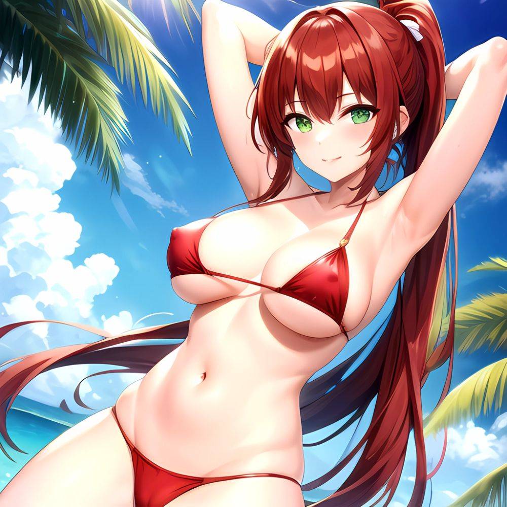 1girl Armpits Arms Behind Head Bikini Breasts Closed Mouth Collarbone Covered Nipples Day Green Eyes Highres Jung Freud Large Br, 827051641 - AIHentai - #main