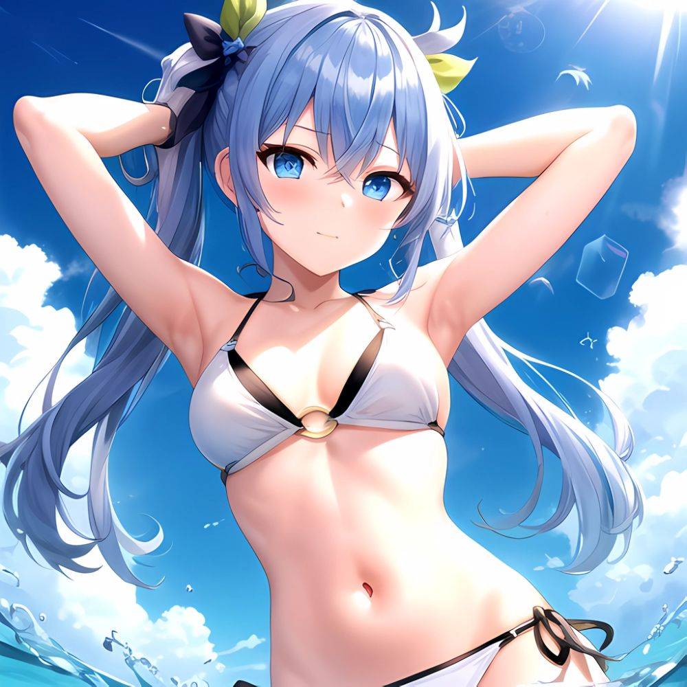 1girl Absurdres Arms Behind Head Bikini Blue Eyes Blue Hair Breasts Closed Mouth Hair Between Eyes Highres Hololive Hoshimachi S, 3072066876 - AIHentai - #main