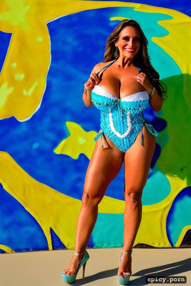 color portrait, long hair, 63 yo beautiful performing white rio carnival dancer at copacabana beach - #main