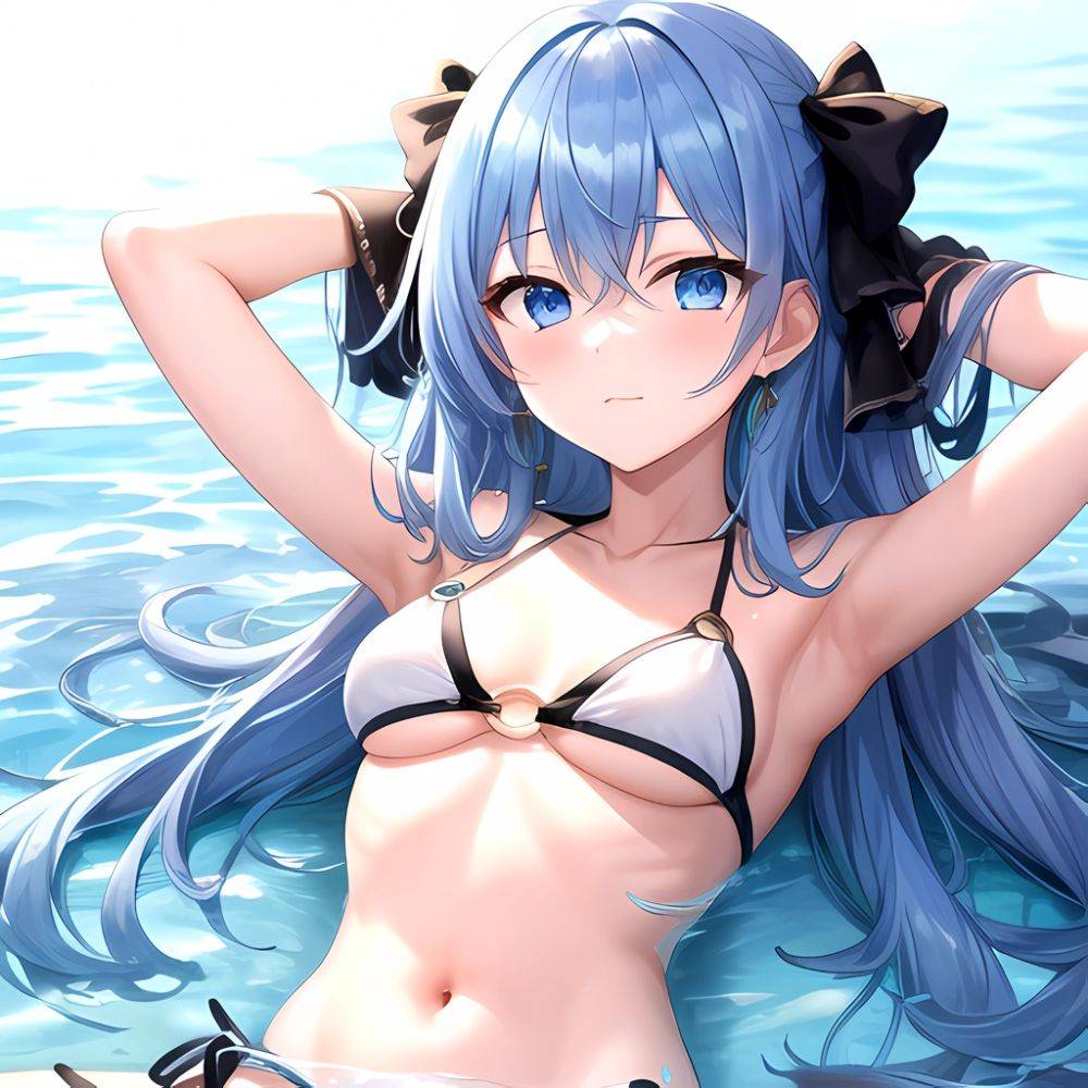1girl Absurdres Arms Behind Head Bikini Blue Eyes Blue Hair Breasts Closed Mouth Hair Between Eyes Highres Hololive Hoshimachi S, 3232654628 - AIHentai - #main