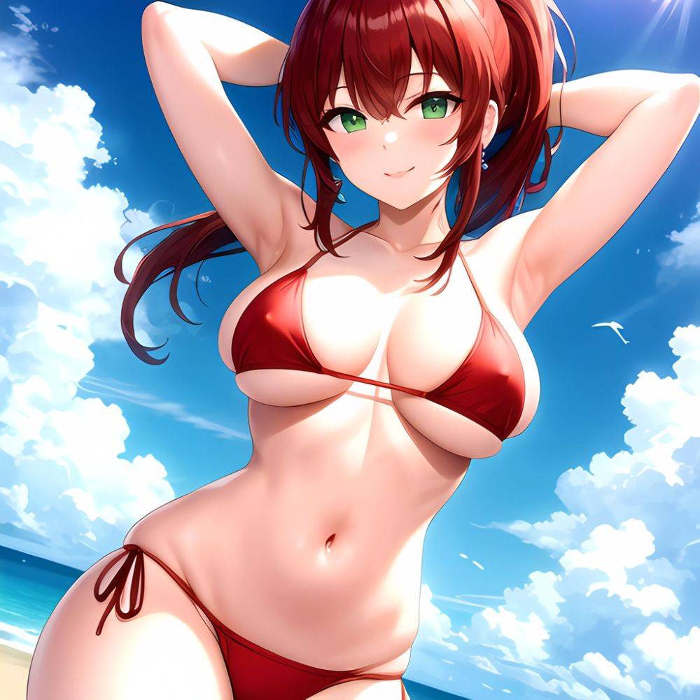1girl Armpits Arms Behind Head Bikini Breasts Closed Mouth Collarbone Covered Nipples Day Green Eyes Highres Jung Freud Large Br, 2491946732 - AIHentai - #main
