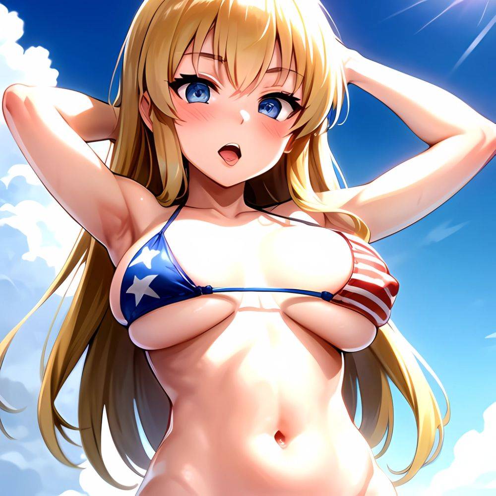 1girl American Flag Bikini Armpits Arms Behind Head Bikini Blonde Hair Blue Eyes Blush Breasts Covered Erect Nipples Flag Print, 876025209 - AIHentai - #main