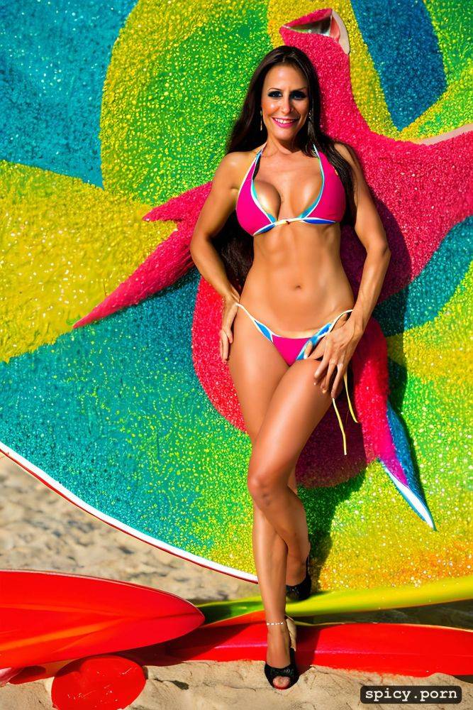 color portrait, long hair, 64 yo beautiful performing white rio carnival dancer at copacabana beach - #main