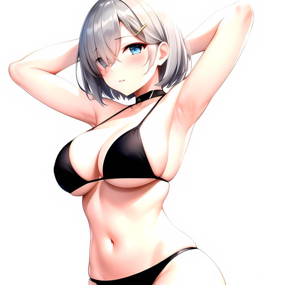 1girl Absurdres Armpits Arms Behind Head Bikini Black Bikini Black Choker Blue Eyes Blush Breasts Choker Cleavage Commentary Req, 2895022267 - AIHentai - #main