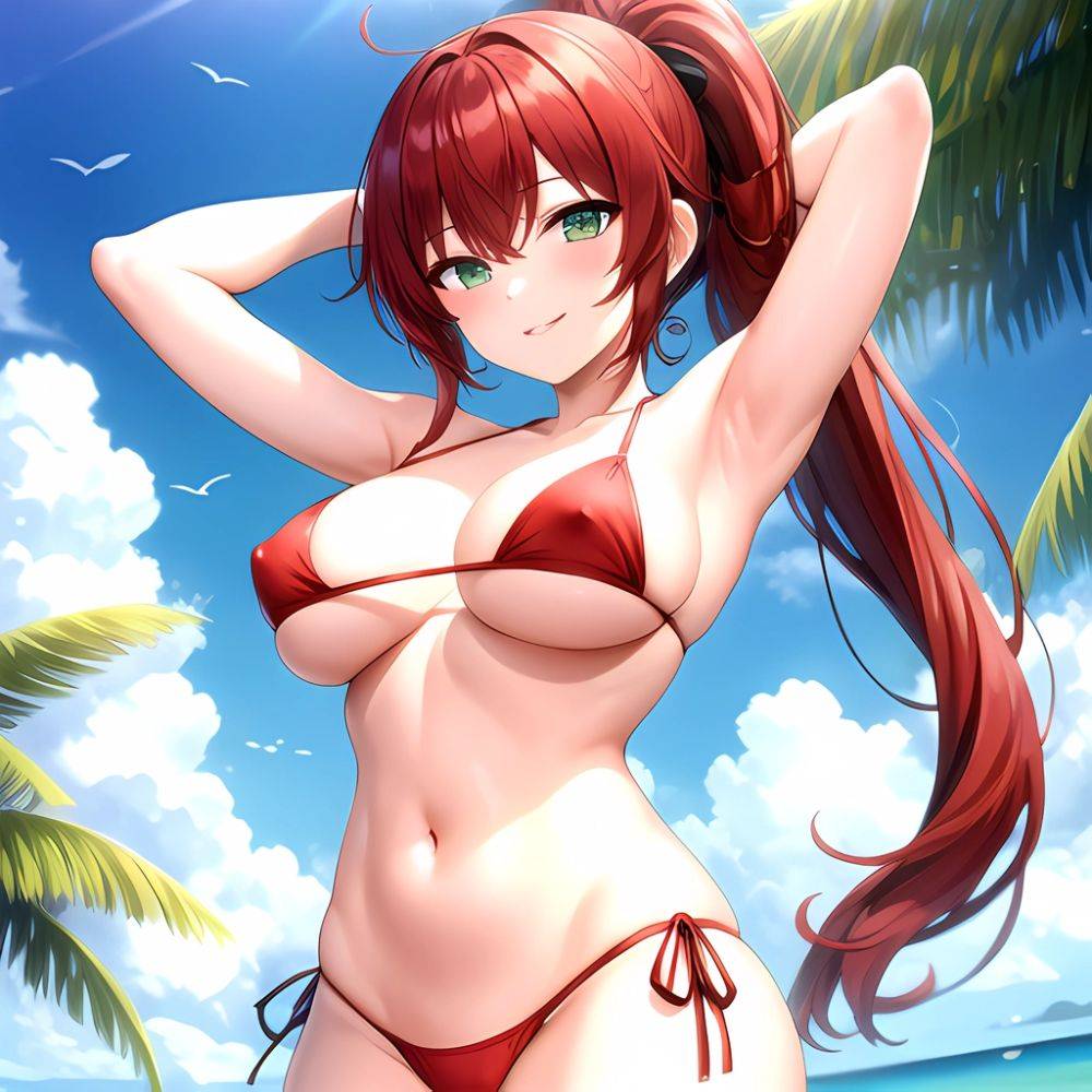 1girl Armpits Arms Behind Head Bikini Breasts Closed Mouth Collarbone Covered Nipples Day Green Eyes Highres Jung Freud Large Br, 652754587 - AIHentai - #main