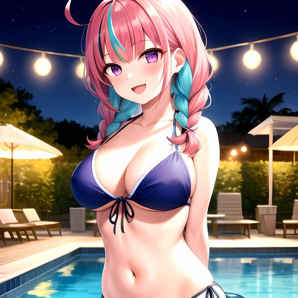 1girl Ahoge Bare Shoulders Bikini Blue Bikini Blue Hair Blush Braid Breasts Cleavage Colored Inner Hair Front Tie Bikini Top, 3005998662 - AIHentai - #main