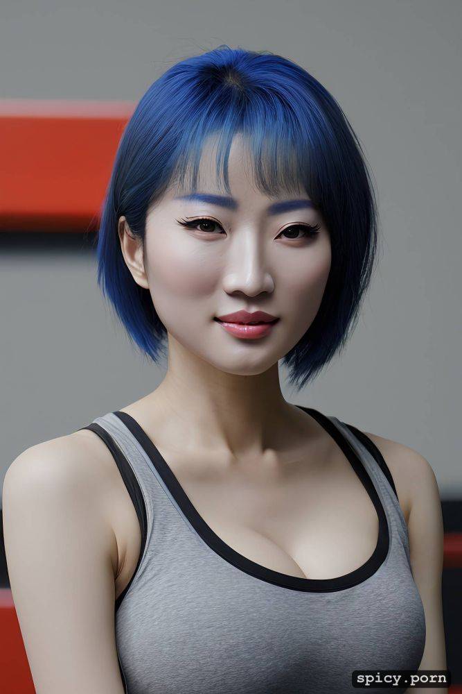 medium shot, pixie hair, vibrant, in gym, tanktop, chinese woman - #main