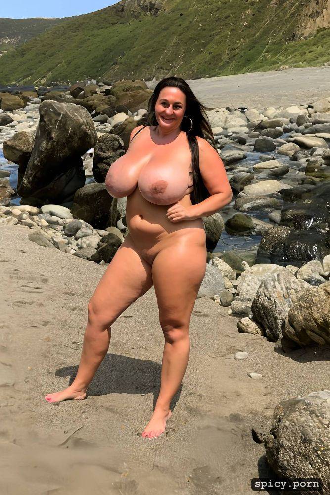 color photo, standing straight at a black sea beach, hourglass figure - #main