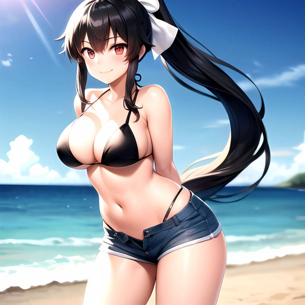 1girl Arms Behind Back Beach Bikini Bikini Under Shorts Black Bikini Black Hair Blurry Blurry Background Breasts Cleavage Closed, 1023024999 - AIHentai - #main