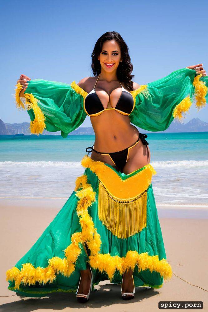 color portrait, long hair, 27 yo beautiful performing white rio carnival dancer at copacabana beach - #main