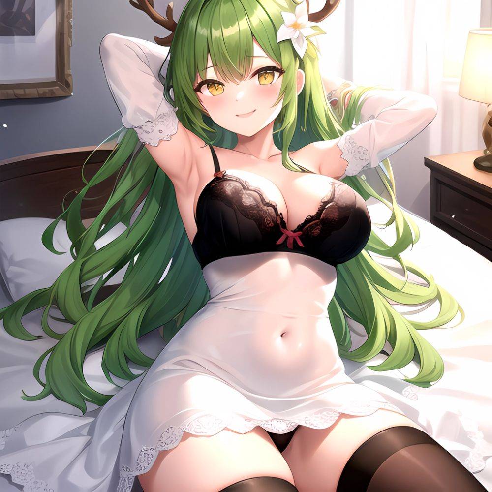 1girl Alternate Costume Antlers Armpits Arms Behind Head Bed Sheet Black Bra Black Thighhighs Bra Branch Breasts Ceres Fauna Cle, 2318464231 - AIHentai - #main