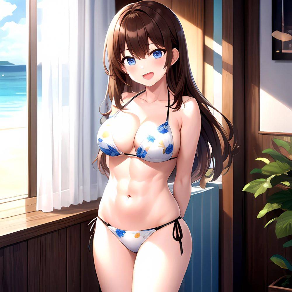 1girl D Abs Alternate Costume Arms Behind Back Asymmetrical Hair Bikini Blue Eyes Blush Breasts Brown Hair Cleavage Collarbone F, 2736961154 - AIHentai - #main