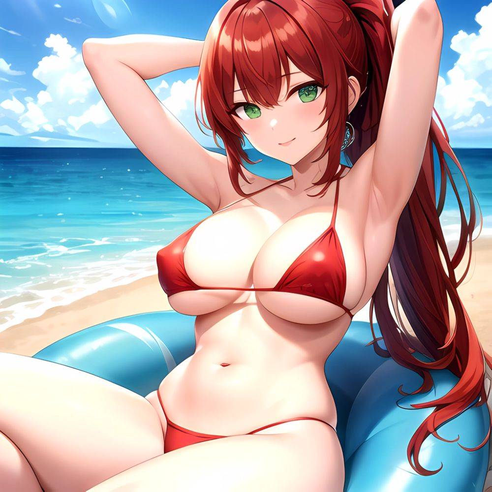 1girl Armpits Arms Behind Head Bikini Breasts Closed Mouth Collarbone Covered Nipples Day Green Eyes Highres Jung Freud Large Br, 2739039783 - AIHentai - #main