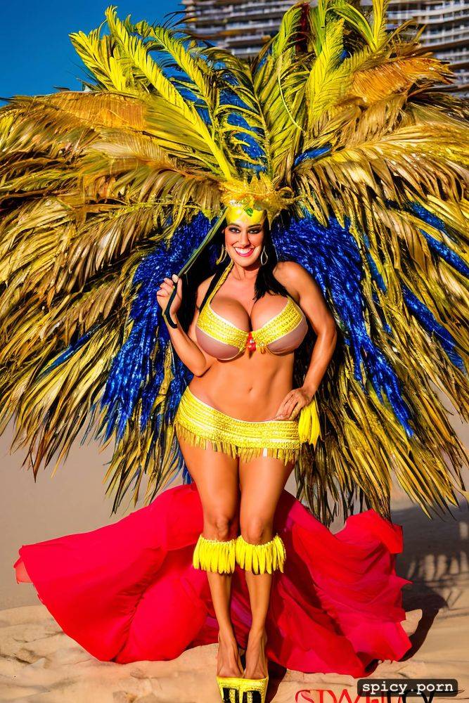 color portrait, long hair, 43 yo beautiful performing white rio carnival dancer at copacabana beach - #main