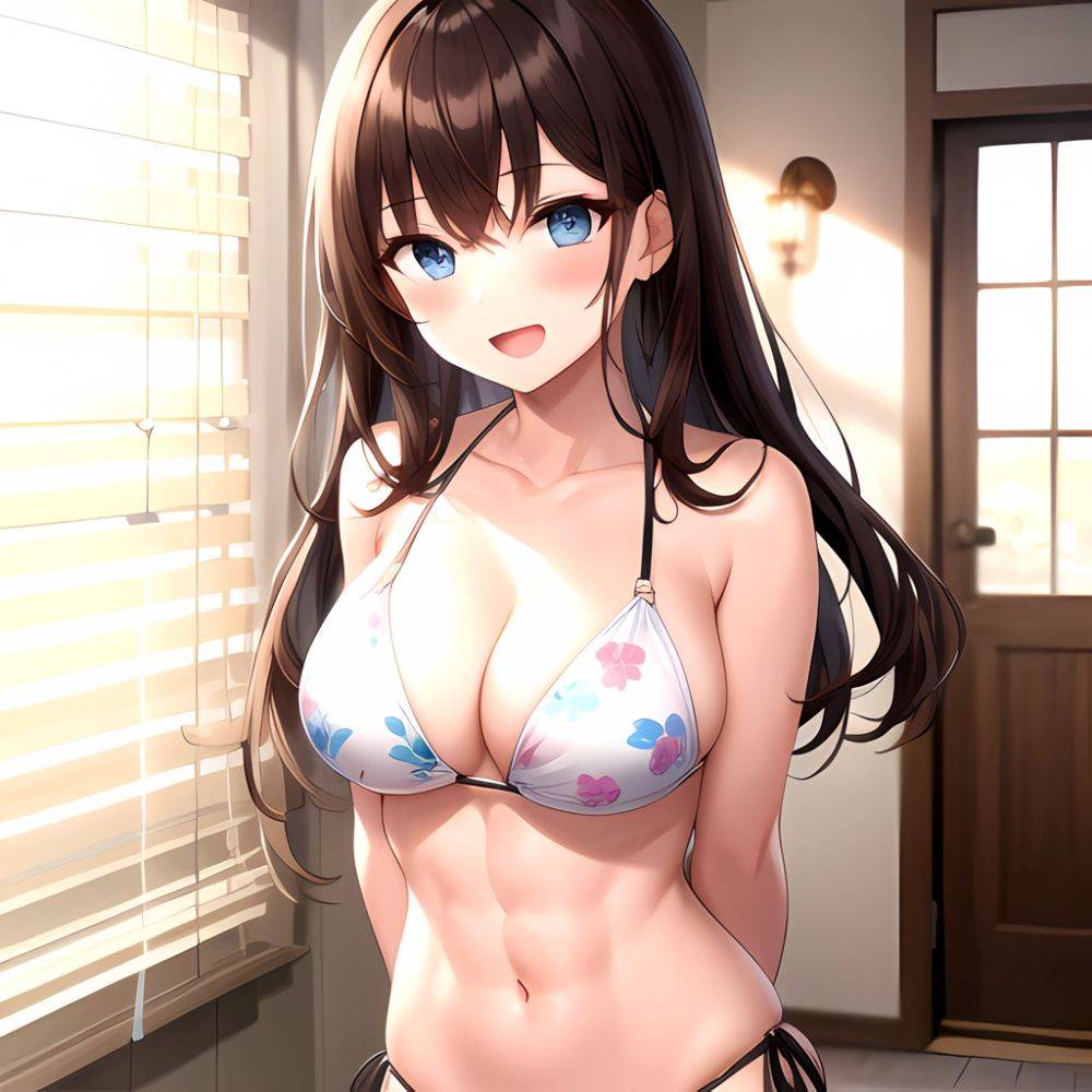 1girl D Abs Alternate Costume Arms Behind Back Asymmetrical Hair Bikini Blue Eyes Blush Breasts Brown Hair Cleavage Collarbone F, 856378356 - AIHentai - #main