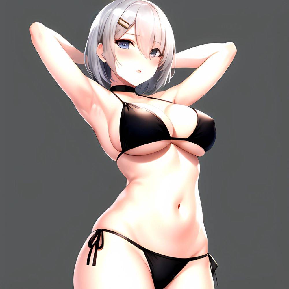 1girl Absurdres Armpits Arms Behind Head Bikini Black Bikini Black Choker Blue Eyes Blush Breasts Choker Cleavage Commentary Req, 3356470349 - AIHentai - #main